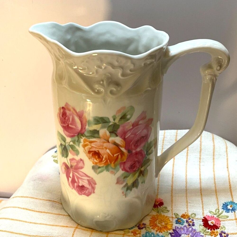 Stunning Shabby Chic vintage china water pitcher; incredible roses; Germany
